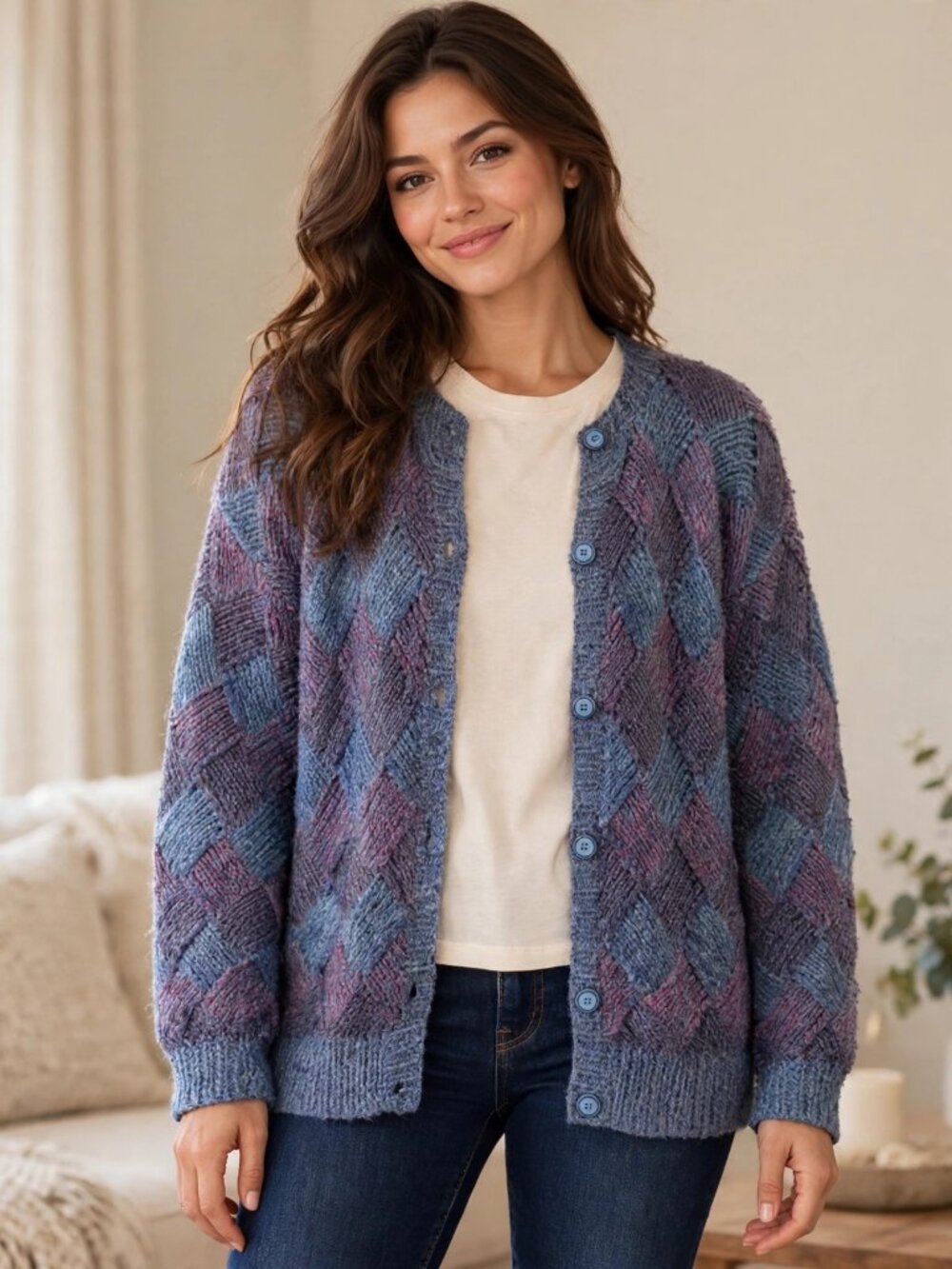 Nando Cardigan L Vintage Entrelac Basketweave Knit Blue Purple Grandpa